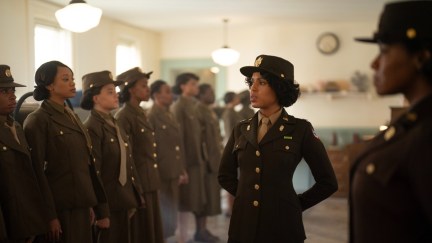 Kerry Washington faces a room full of Black women in World War II military uniforms in 'Six Triple Eight'.