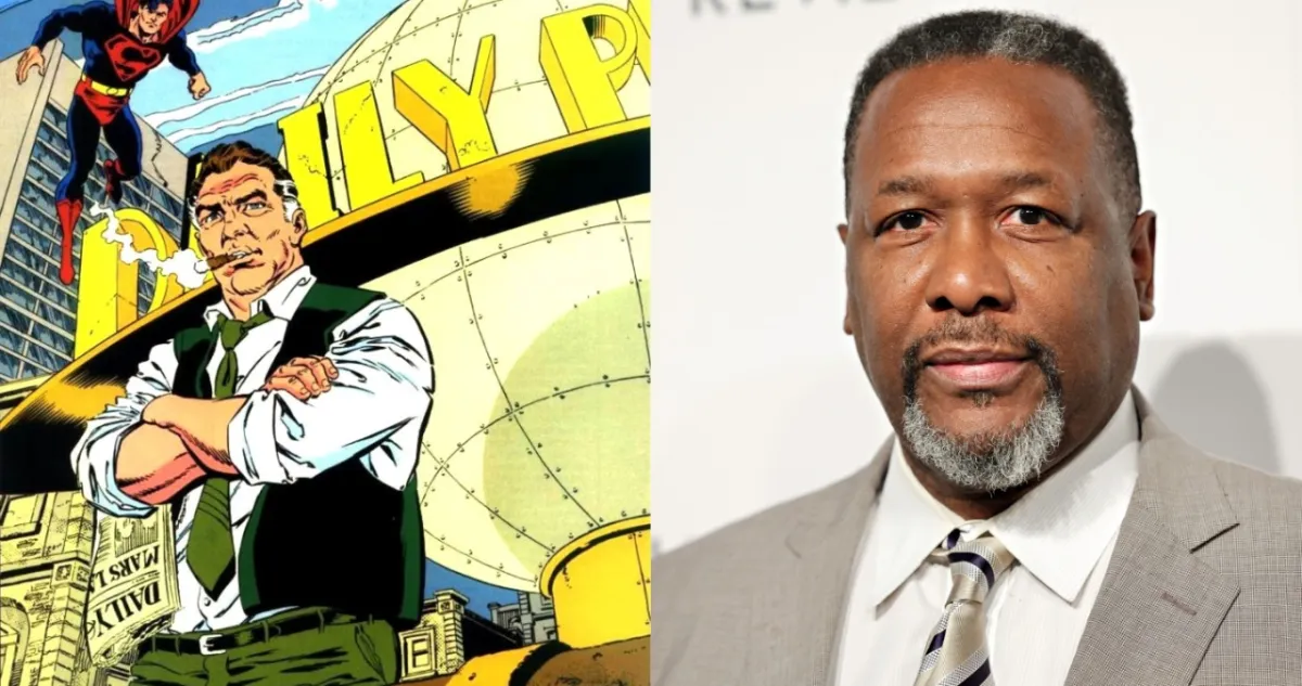 Left: Perry White from DC Comics stands outside the Daily Planet with Superman flying behind him. Right: actor Wendell Pierce, who will play the role in James Gunn's 'Superman'.