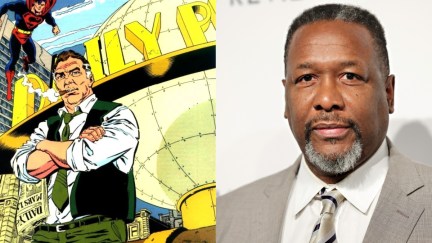 Left: Perry White from DC Comics stands outside the Daily Planet with Superman flying behind him. Right: actor Wendell Pierce, who will play the role in James Gunn's 'Superman'.