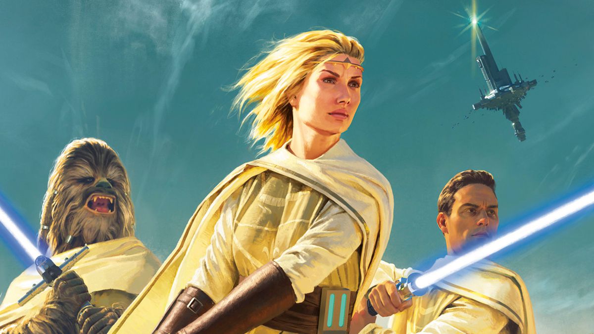 Cover art picturing a blonde Jedi woman, and her human and Wookie comrades in "Light of the Jedi"