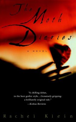Cover of Rachel Klein's The Moth Diaries; the title is written in cursive over a red to cream ombre backing with the shadow of a hand holding a flower rising from the black lower third.