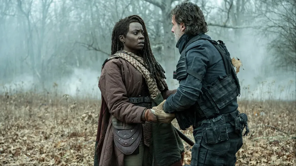 Dani Gurira and Andrew Lincoln look lovingly at one another in 'The Walking Dead: The Ones Who Live'.