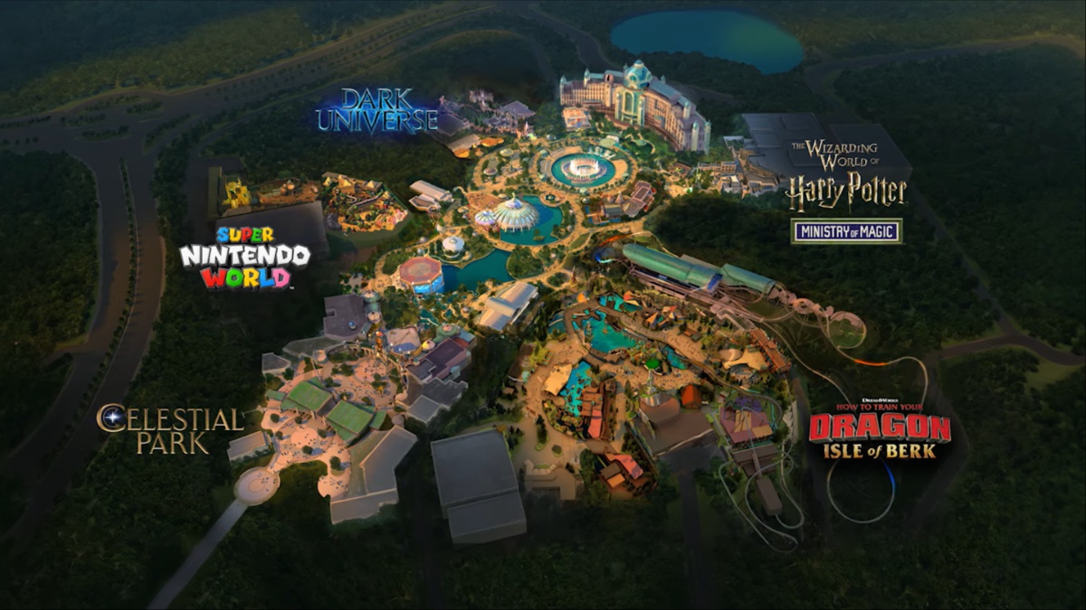 The map of Universal Studios Epic Universe theme park.