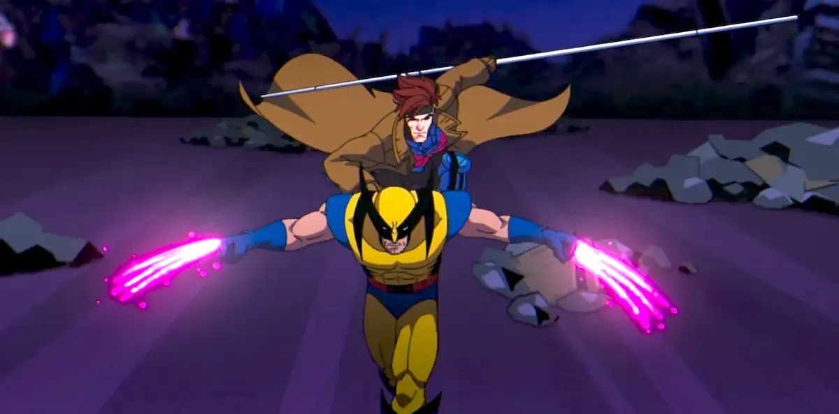 Gambit rides Wolverine for a combo attack.