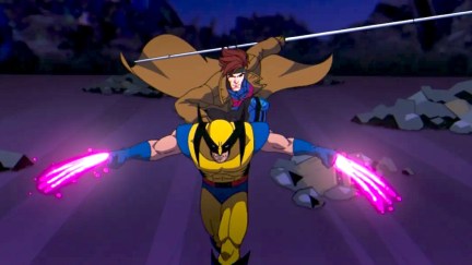 Gambit rides Wolverine for a combo attack.
