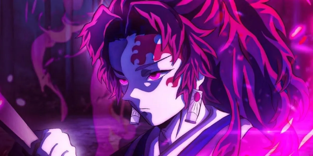Yoriichi surrounded by purple aura in Demon Slayer