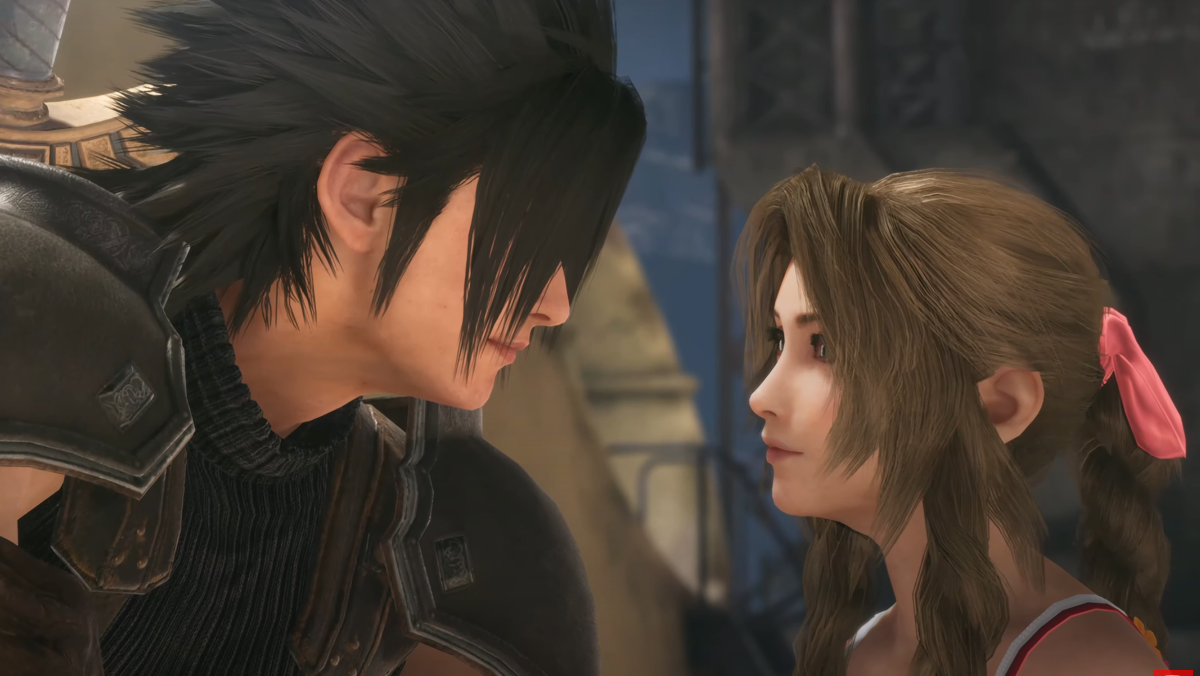Zack and Aerith flirting in Final Fantasy VII: Crisis Core - Reunion -
