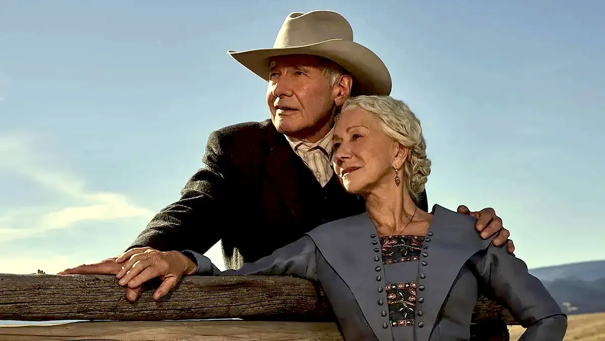 Harrison Ford and Helen Mirren standing against a wall in Yellowstone