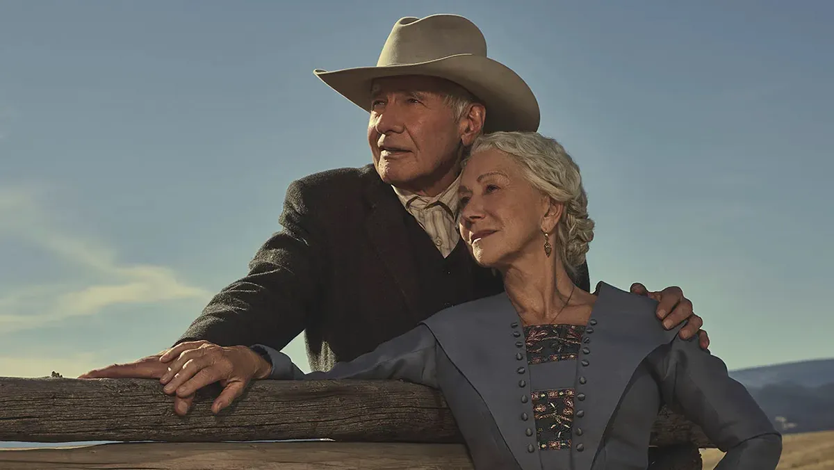 harrison ford and helen mirren in each others arms looking at the sky