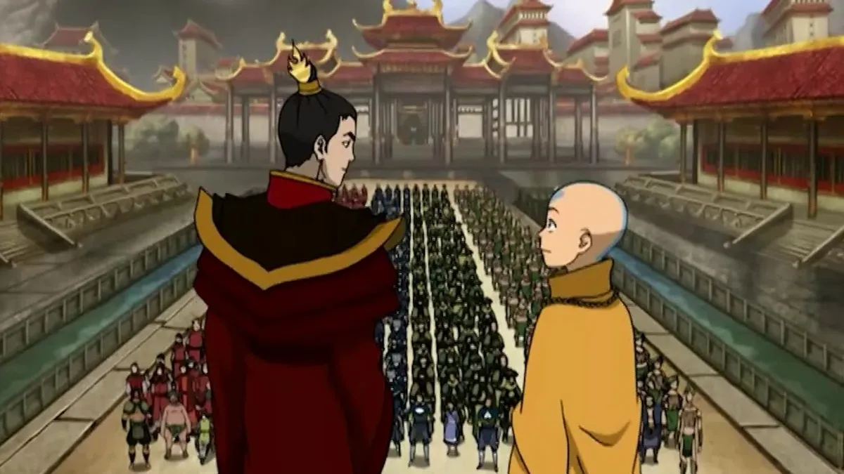 Aang and Zuko smile at one another overlooking troops from different nations in "Avatar"