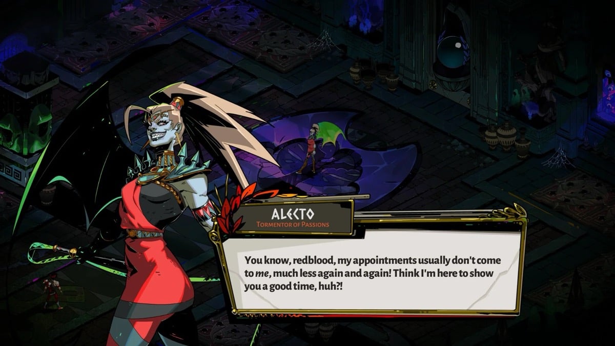 Alecto the Fury smirks while talking to the player in "Hades'