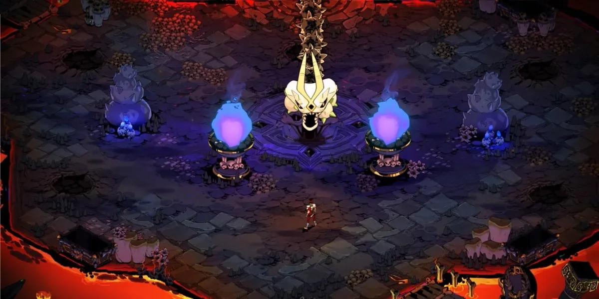 The Bone Hydra surrounded by purple flames in "Hades"