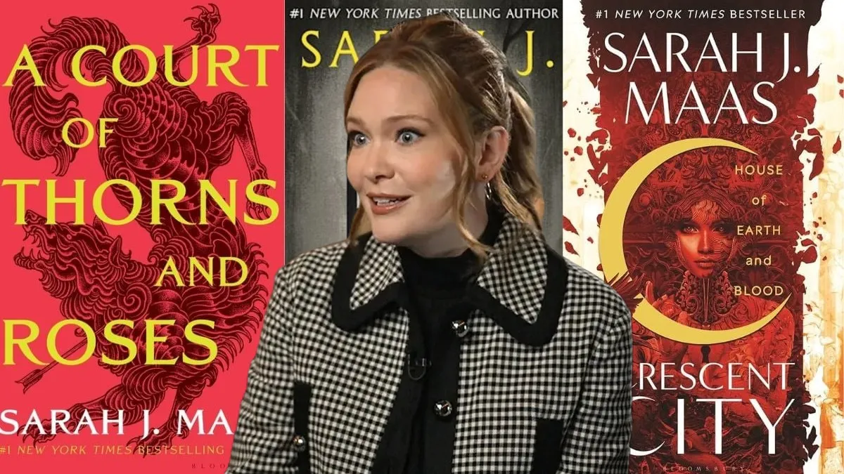 A shot of Sarah Moss during an interview, imposed over a row of her book covers.