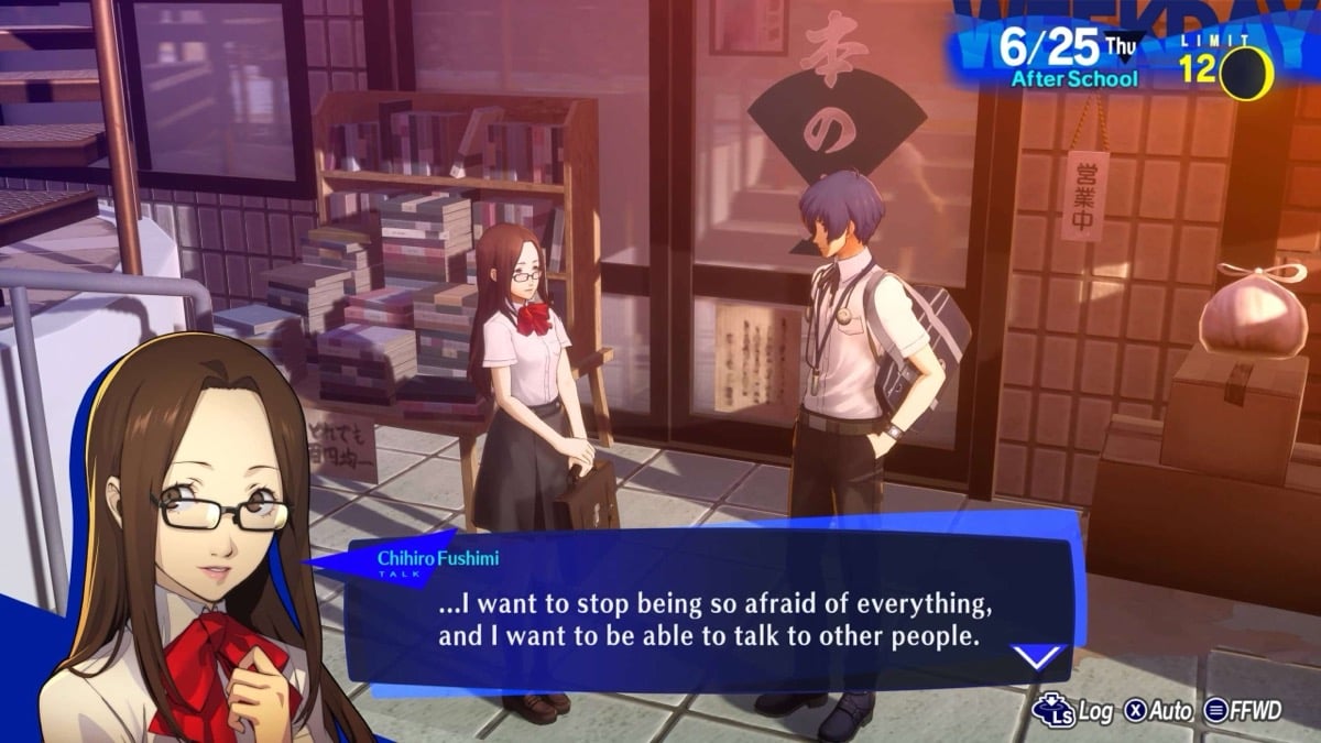 Cihiro and the protagonist talking in a classrom in "Persona 3"