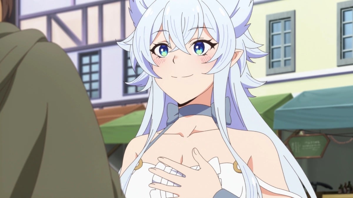 A fox girl blushes and smiles in "Chillin' In Another World With Level 2 Cheat Powers"