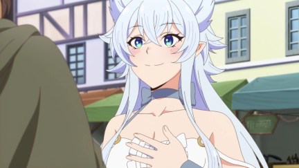 A fox girl blushes and smiles in 