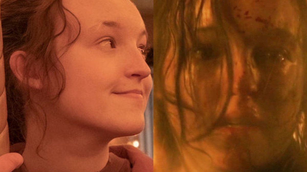 Composite image of Bella Ramsey as Ellie on HBO's 'The Last of Us.' Left: Ellie is a white 12-13-year-old with long brown hair pulled back in a ponytail with tendrils hanging down one side of her face. She is looking at something off-camera in rapt wonder. Right: Ellie's a year older and her hair is hanging in her blood-splattered face as she looks out with a vacant stare with flames roaring behind her. 