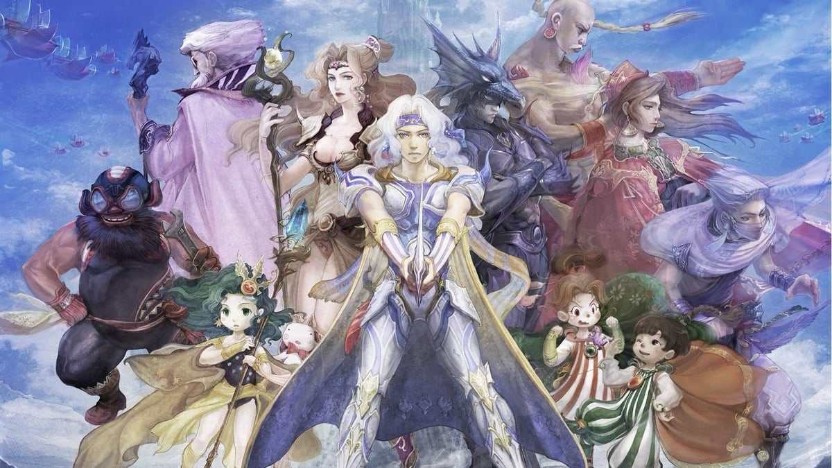 A diverse group of warriors and mages in promo art for "Final Fantasy IV"