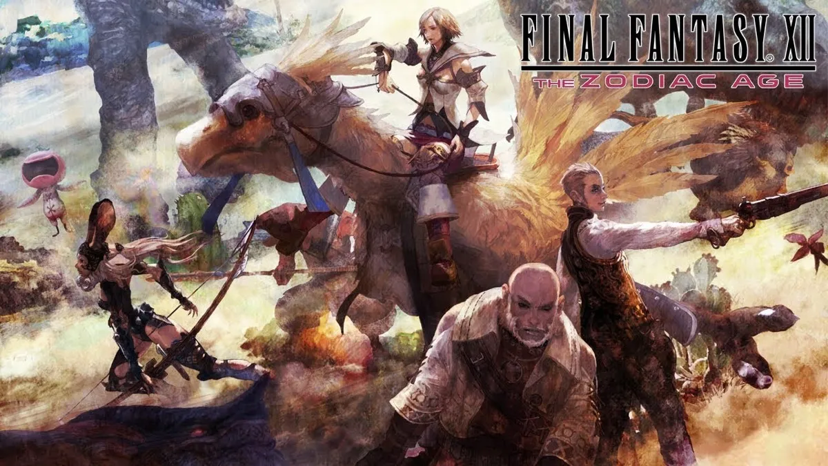 A group of adventurers in the desert in promo art for "Final Fantasy XII"