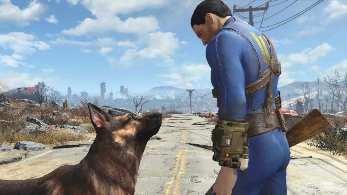 The male player and Dogmeat in Fallout 4