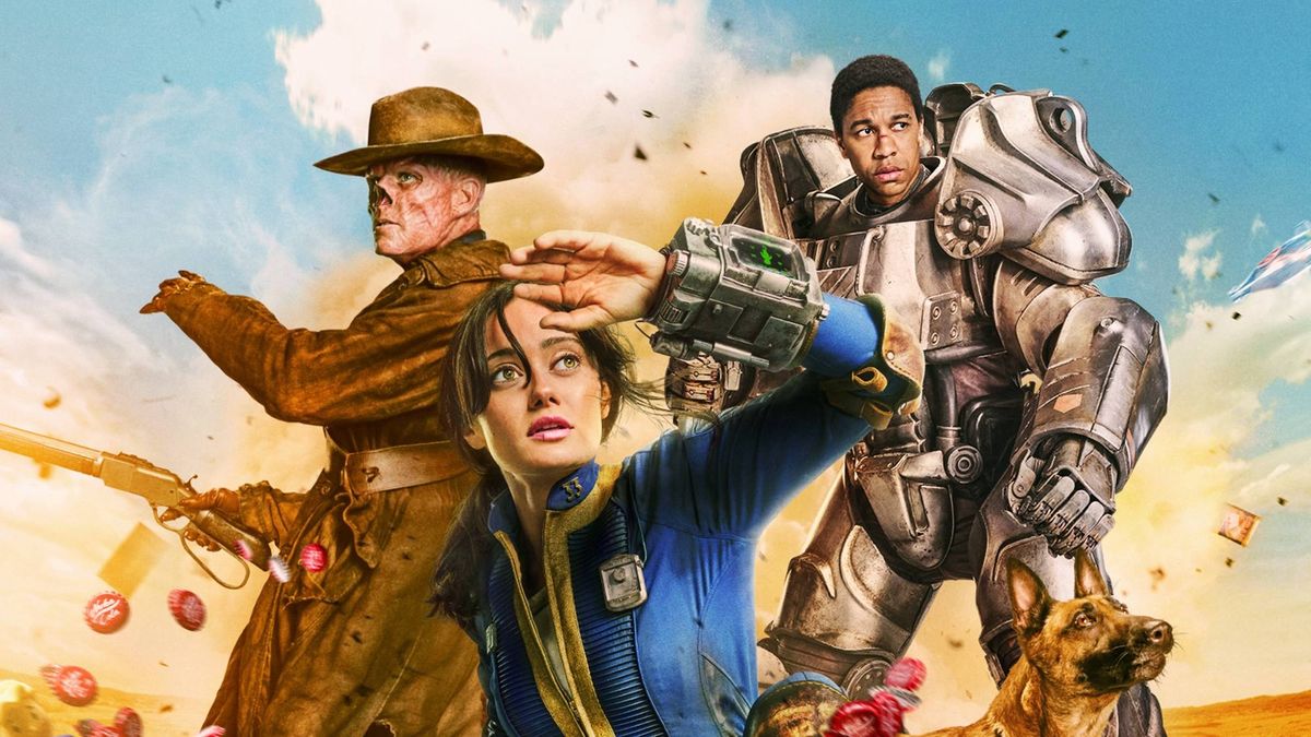 Walton Goggins as Cooper Howard, Ella Purnell as Lucy Maclean, and Aaron Moten as Maximus in a poster for Amazon Prime's Fallout TV series