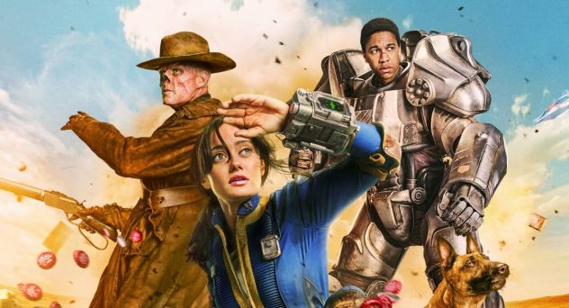 Walton Goggins as Cooper Howard, Ella Purnell as Lucy Maclean, and Aaron Moten as Maximus in a poster for Amazon Prime's Fallout TV series