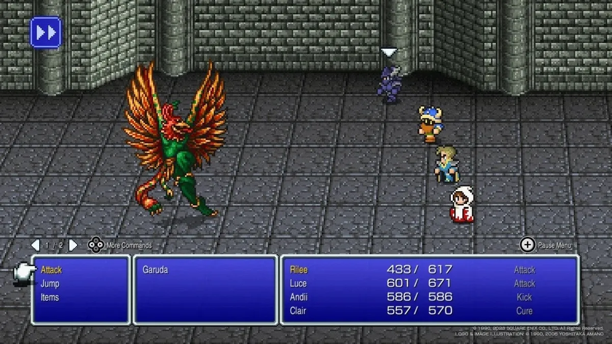 The party of Final Fantasy III does battle against a bird monster