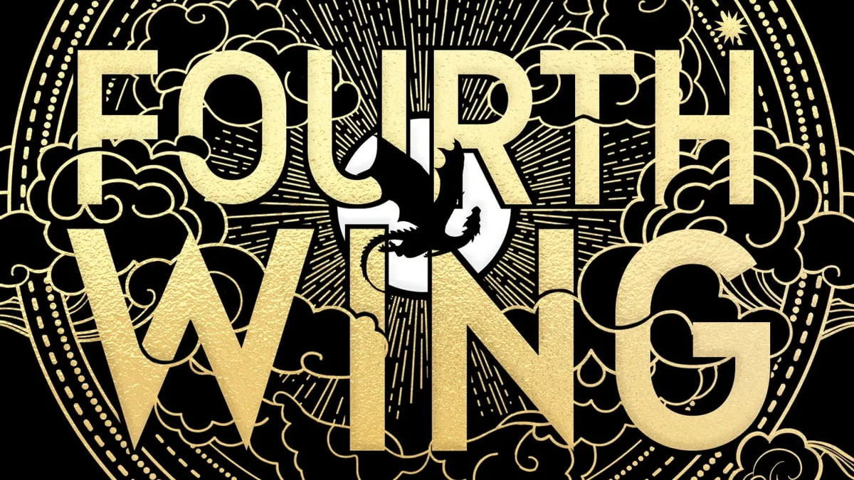 Fourth Wing cover art for the paperback version, with gold text on a black background.