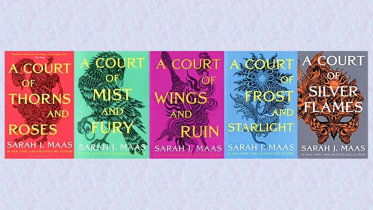 The covers of all five books in Sarah J. Maas' A Court of Thorns and Roses series