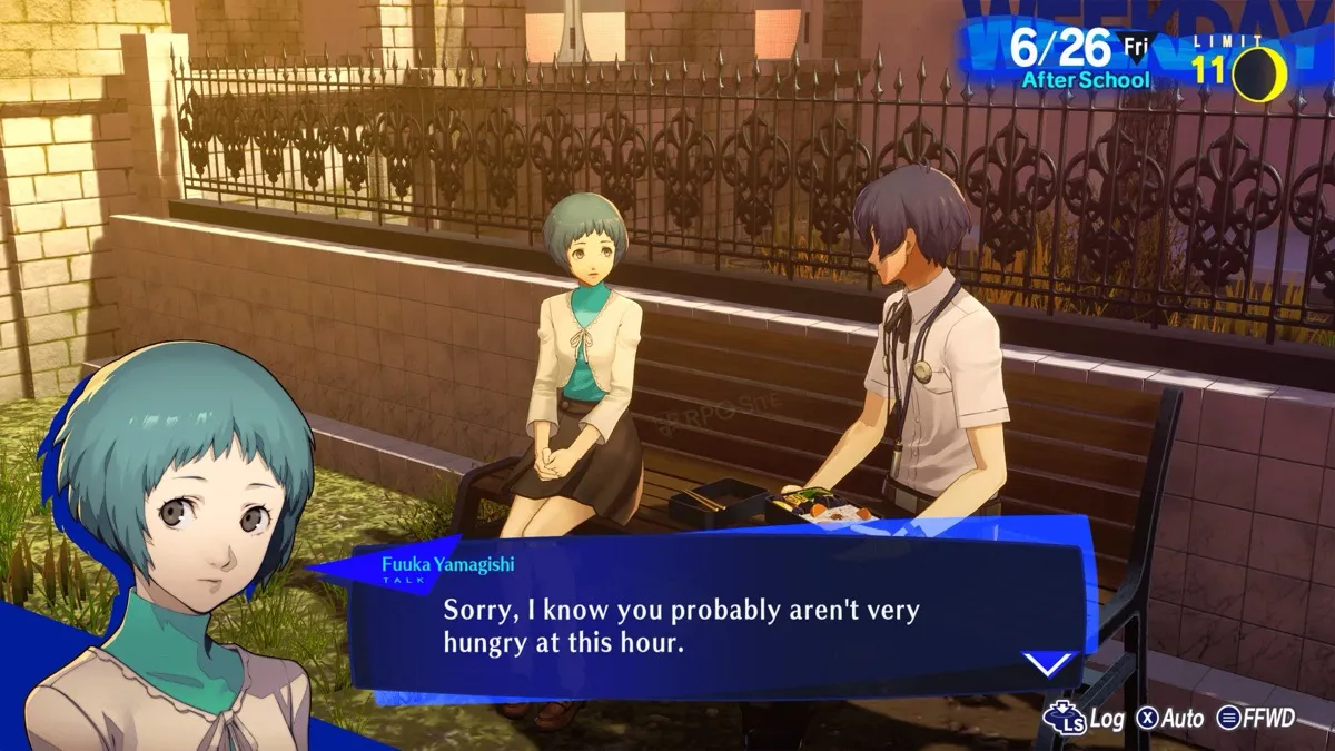 Fuuka and the male protagonist sit and talk on a park bench in "Persona 3"