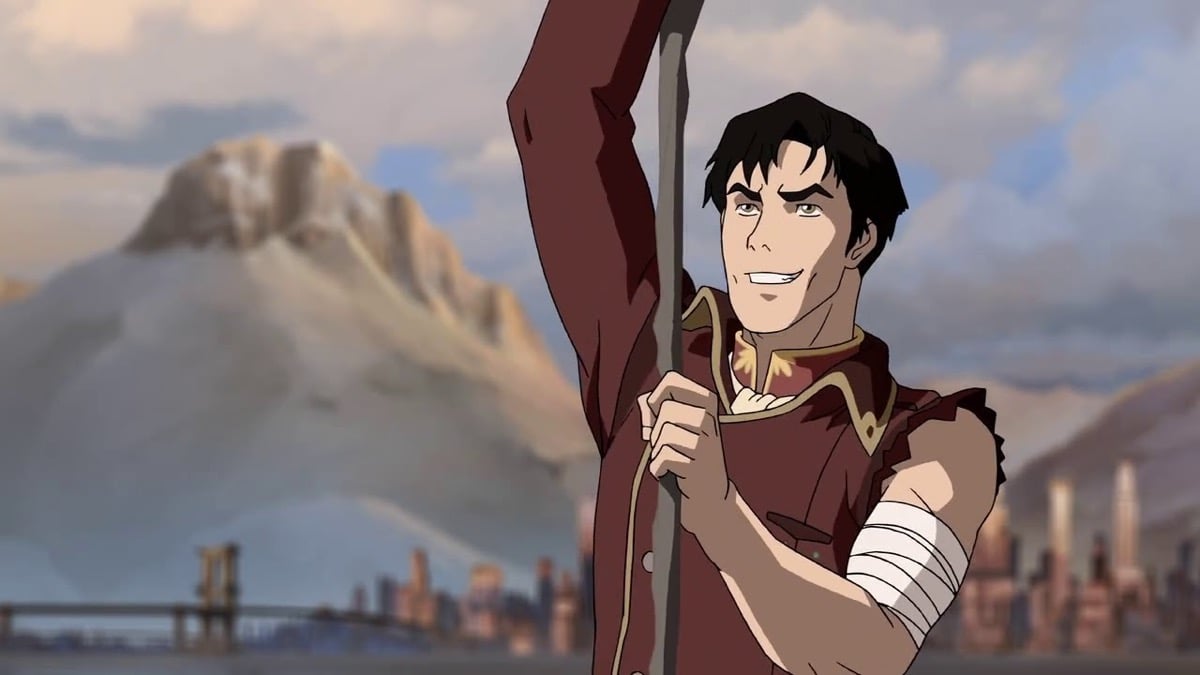 A beaten up general Iroh smiles and holds onto a tope in "The Legend of Korra"