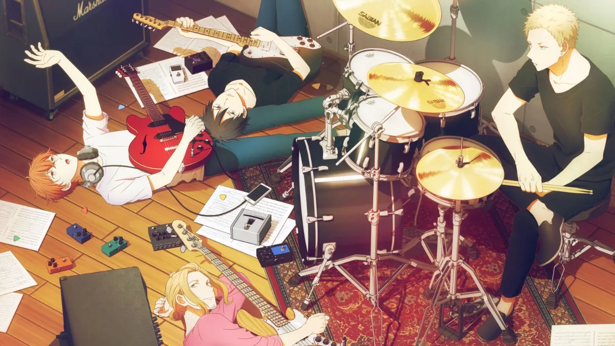 The band members of "Given" lay on the floor with instruments.