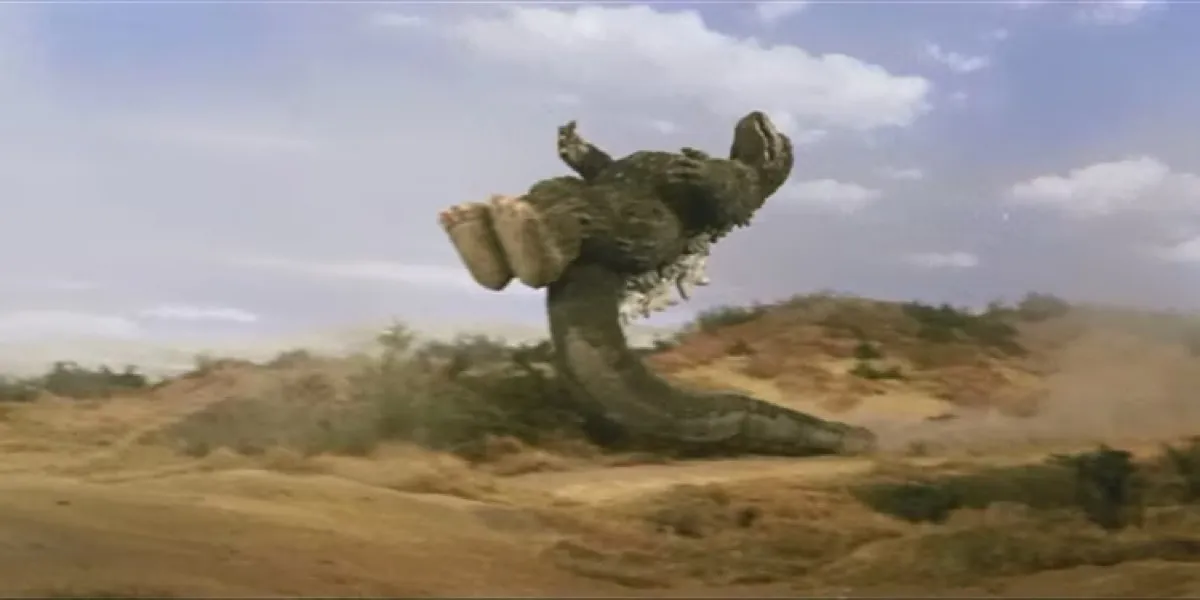 Godzilla tailslides into battle in "Godzilla vs. Megalon" 
