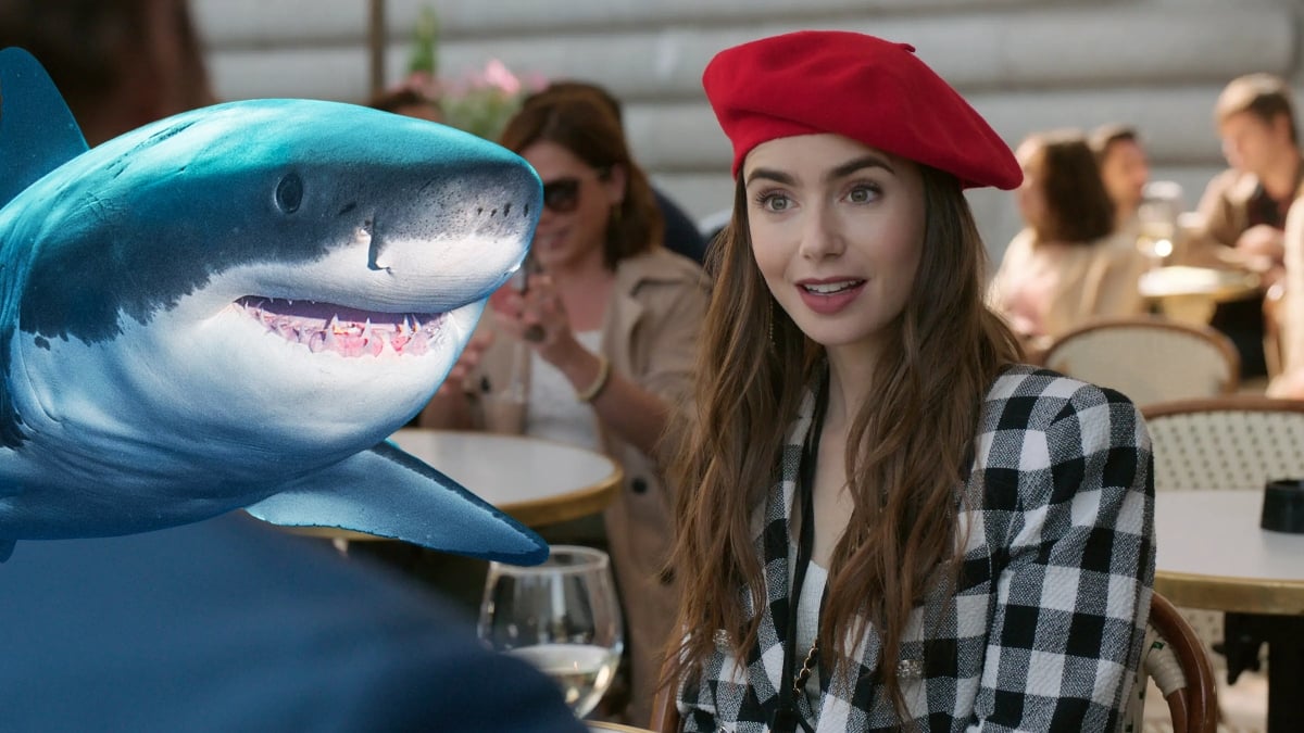 A Great White shark edited into a still from 'Emily in Paris'