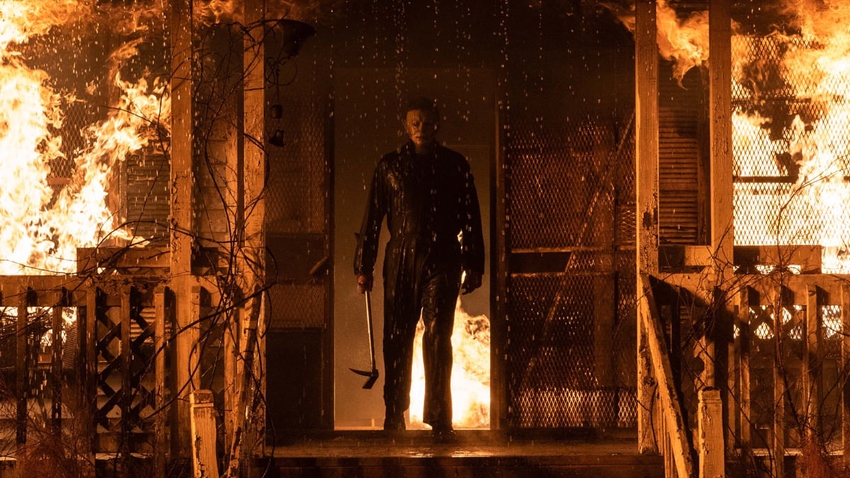 Michael Myers steps out of a burning building in "Halloween Kills" (2021)