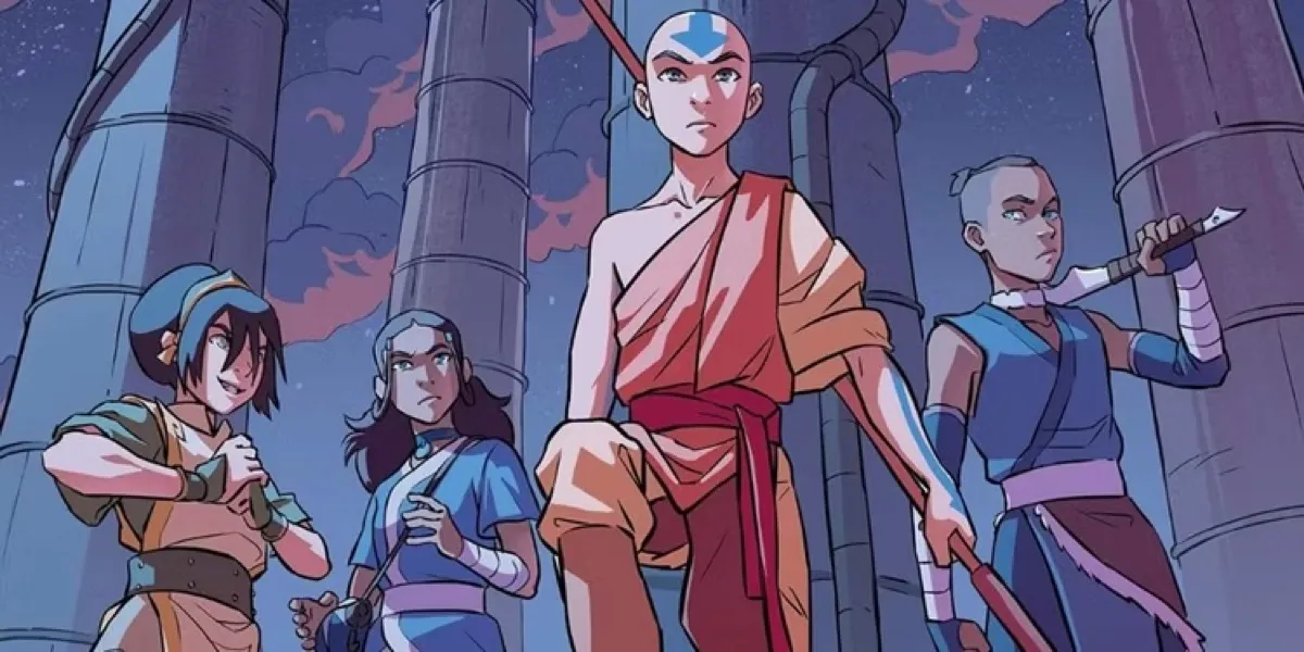 Aang and Team Avatar stand atop a factory in "Imbalance" 