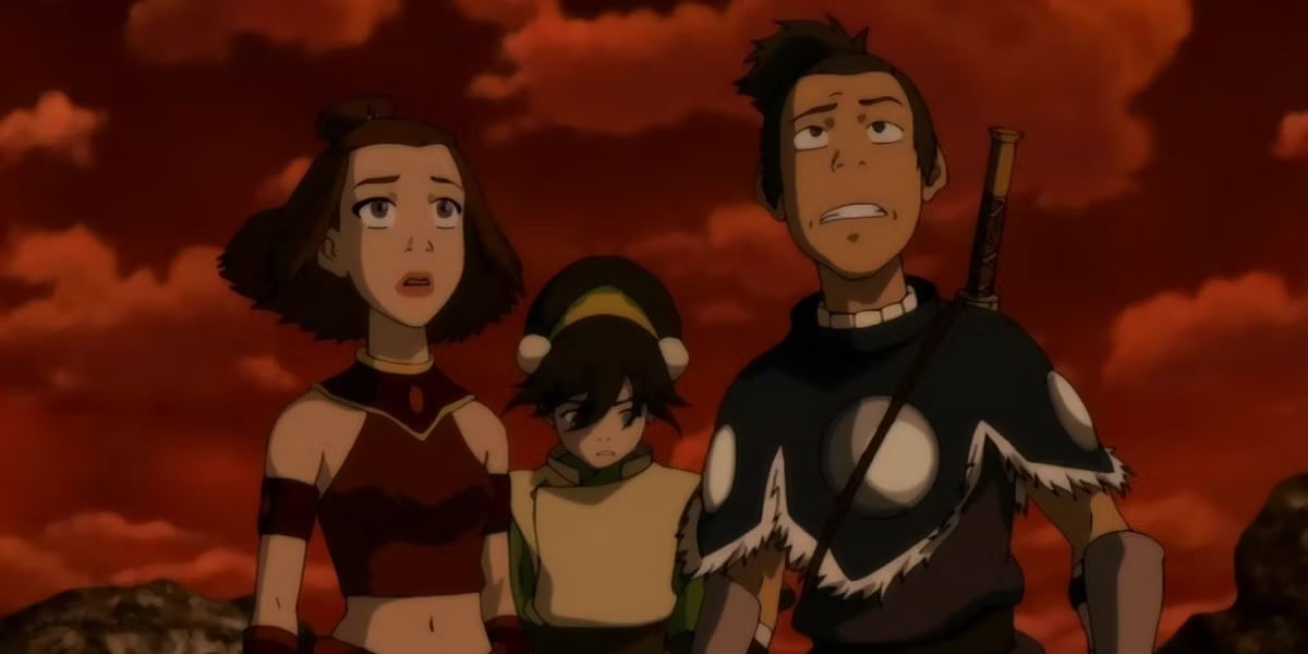 Sokka and Sukki look up in the sky in horror as Toph stands in the background in "Avatar" 
