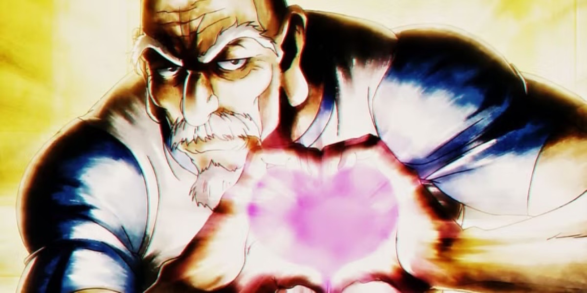 Old man Isaac Netero charges up a ball of energy in his palms in "Hunter X Hunter"