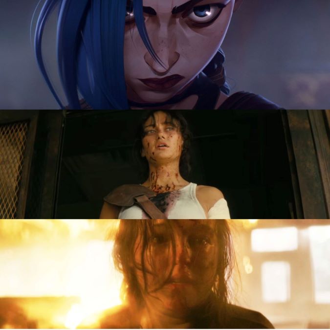 Composite image of (top to bottom): Jinx in 'Arcane,' Lucy in 'Fallout,' and Ellie in 'The Last of Us.' 