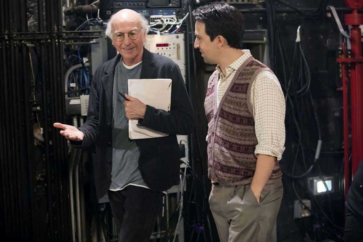 Larry David and Lin Manuel Miranda on set of Curb Your Enthusiasm