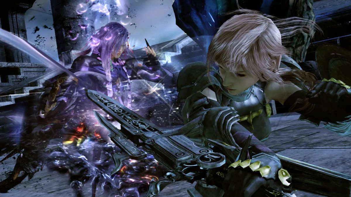 Lightning swings a sword at a foe in "Final Fantasy XIII: Lightning Returns" 