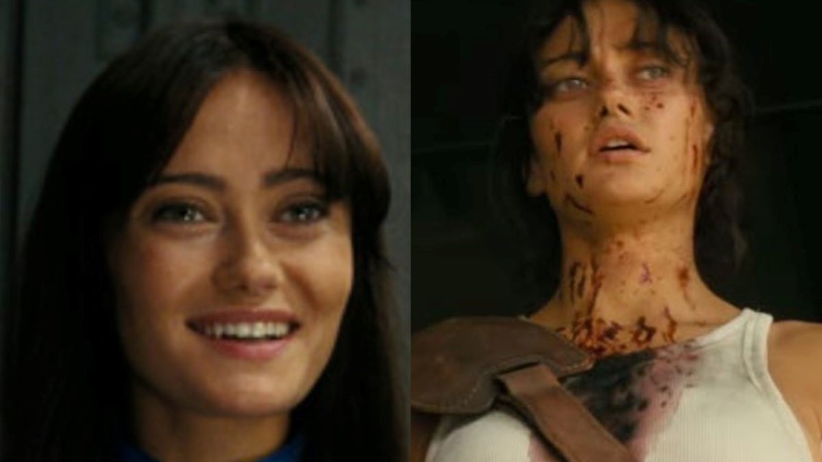Composite image of Ella Purnell as Lucy on Prime Video's 'Fallout.' Left: Lucy is a young white woman with long dark hair and bangs. She's smiling cheerfully. Right: Lucy's hair is pulled back in a ponytail, her face is covered in blood, and she has a bloody injury on her chest that's seeping through her white undershirt, over which she's wearing a brown leather gun holster. 