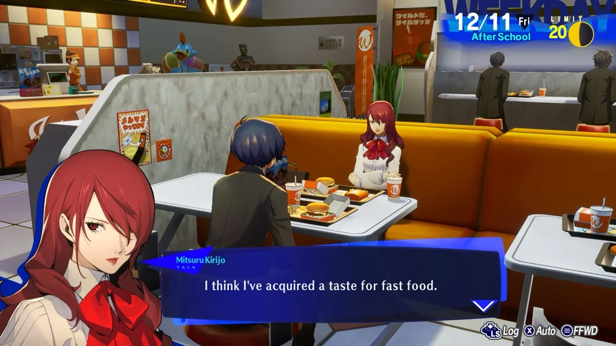 Mitsuri Kirjio sitting in a restaurant on a date in "Persona 3" 