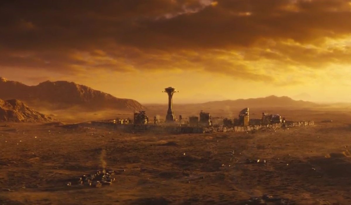 The final shot of the season one finale of Prime Video's 'Fallout.' A shot of the New Vegas skyline across a desert in golden light. 