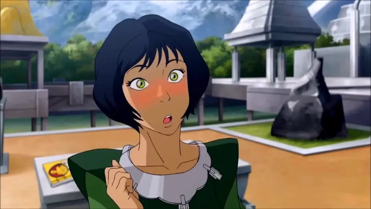 Opal Beifong blushing while standing outside in her home in "The Legend of Korra"