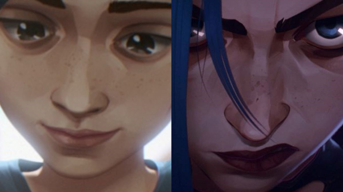 Composite image of Powder and Jinx on Netflix's 'Arcane.' Left: Powder is a young white girl with freckles and brown eyes. She's smiling sweetly. Right: Jinx is a white teenage girl with blue hair, one blue eye, and freckles. She's scowling. 