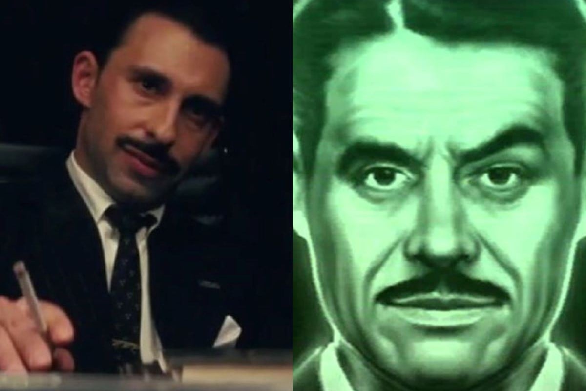 Composite image. Left: Ravi Silver as Mr. House in a scene from Prime Video's 'Fallout.' He is a white man with a thick, black mustache and short, dark hair waring a black suit, white shirt, and tie. He's seated at a table holding a cigarette. Right: the face of Mr. House from 'Fallout: New Vegas.'