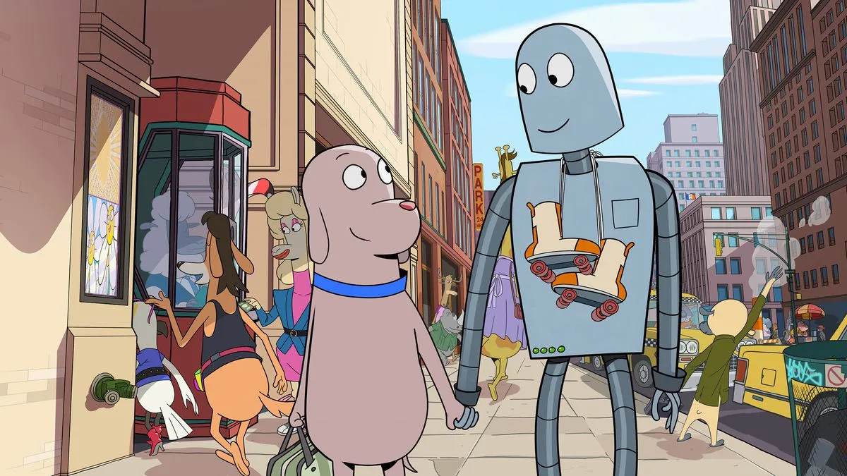 A dog and robot walk down the street, holding hands in the animated film 'Robot Dreams'