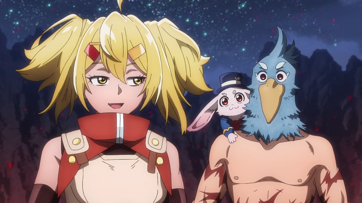 A blonde girl, a bunny in a tophat, and a man in a bird mask stand together in 'Shangri-La Frontier'.