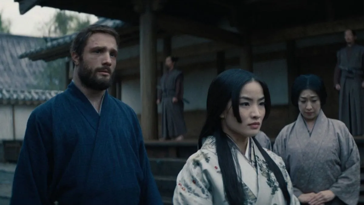 Cosmo Jarvis and Anna Sawai as John Blackthorne, the Anjin, and Lady Mariko in Shōgun